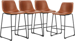 26 Inch Counter Height Bar Stools Set of 4, Modern Faux Leather High Barstools with Back and Metal Leg, Bar Chairs for Kitchen Lsland, Brown