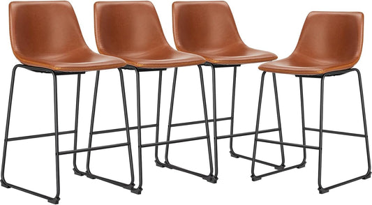 26 Inch Counter Height Bar Stools Set of 4, Modern Faux Leather High Barstools with Back and Metal Leg, Bar Chairs for Kitchen Lsland, Brown