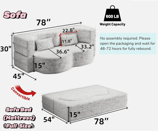 78In Sofa Couch Convertible Oversized Cloud Loveseat Minimalist Sleeper Sofa Bed for Living Room, Apartment, Office, No Assembly Required (Coffee Corduroy)