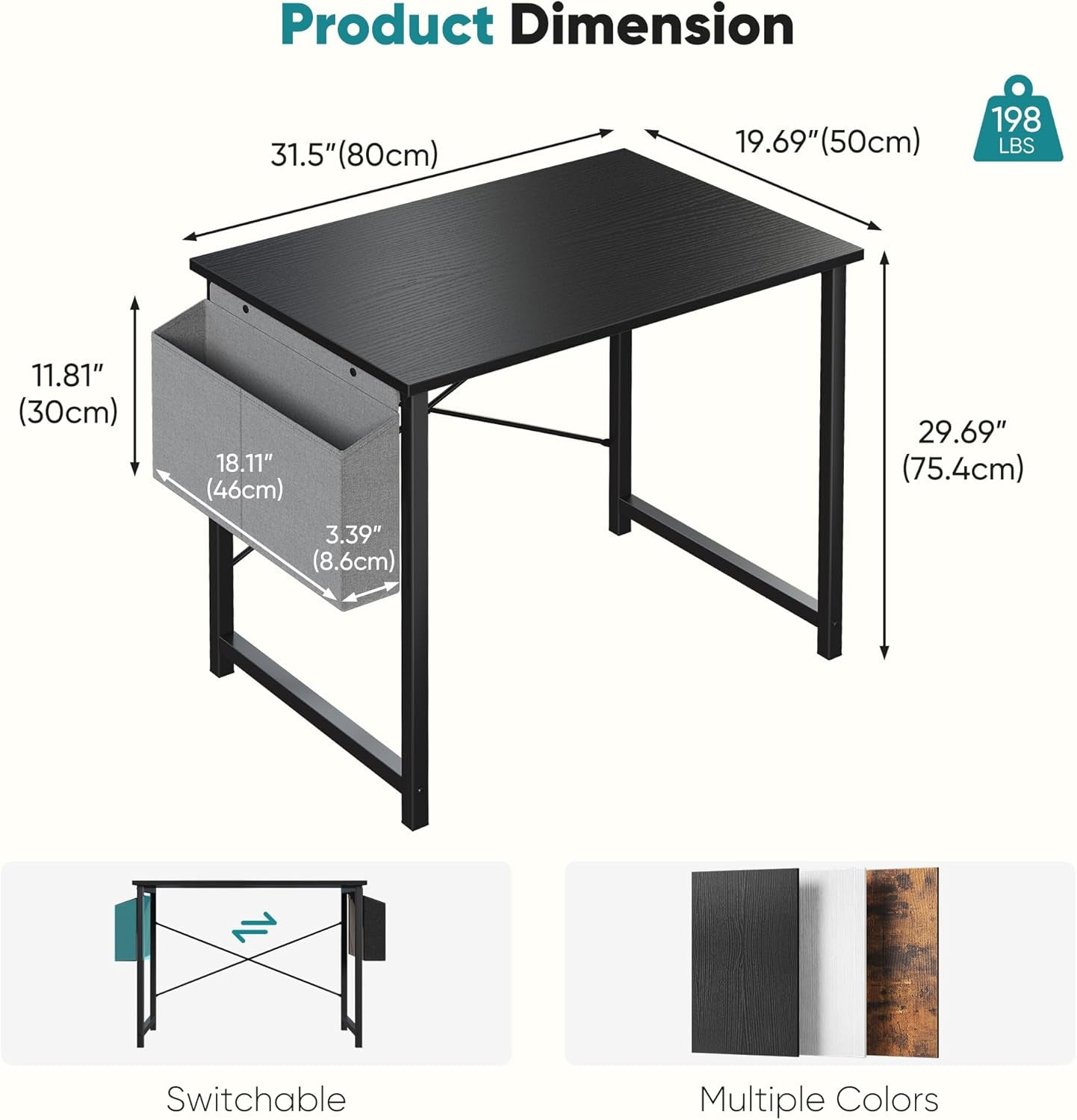 Computer Desk 31 Inch Home Office Desks for Small Spaces, Gaming Writing Study Work Table with Storage Bag for Bedroom, Black