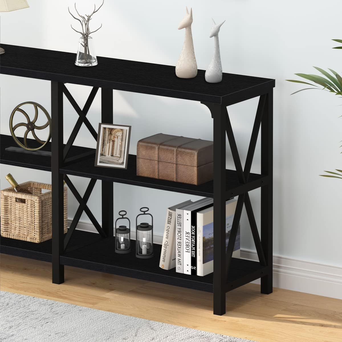 Black Console Table, Modern Industrial Sofa Table with 3 Tier Storage Shelves, Farmhouse Wooden Metal Entryway Table for Living Room, Hallway, or Foyer, Black Oak, 63 Inch