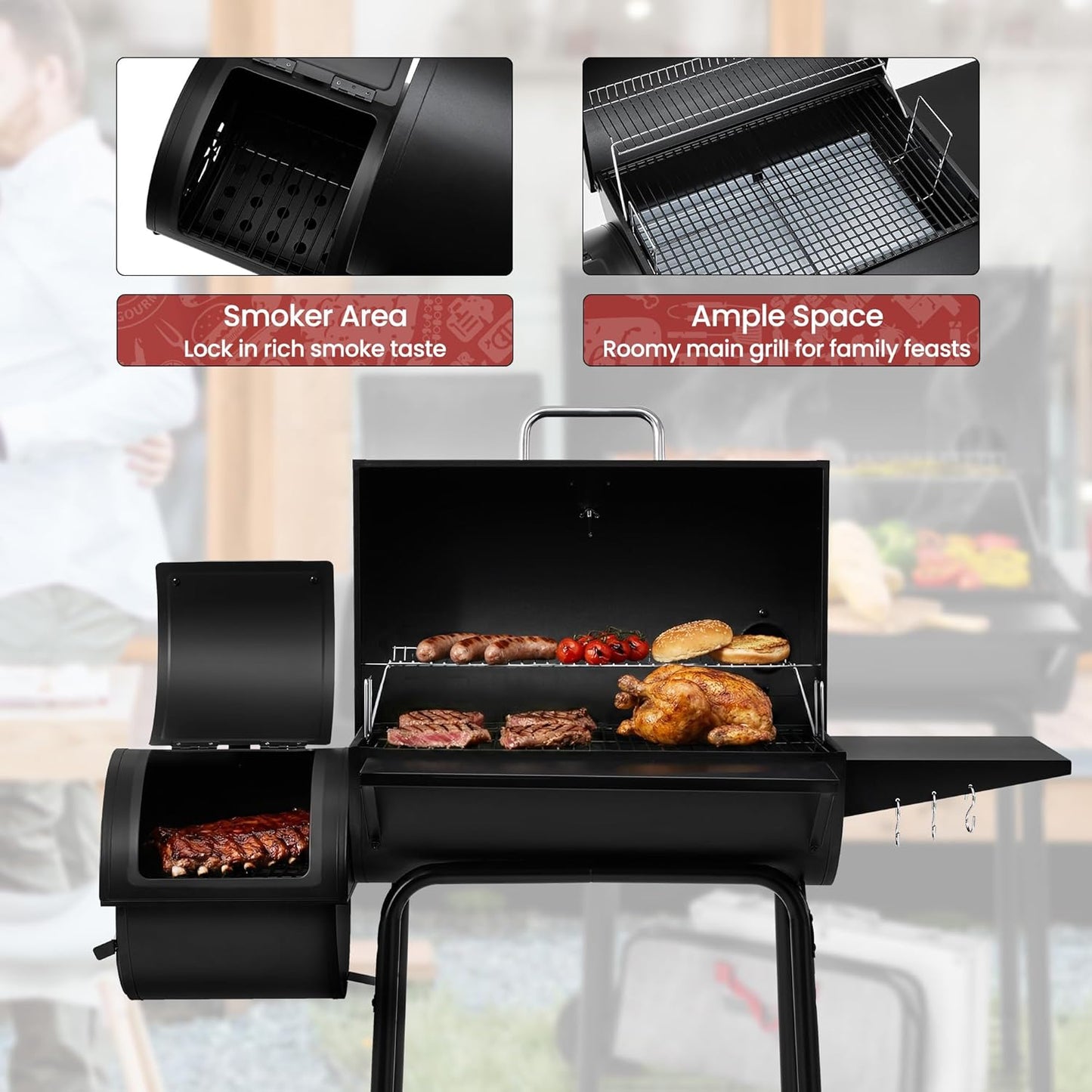 CC1830S BBQ Charcoal Grill and Offset Smoker | 823 Square Inch Cooking Surface, Outdoor for Camping | Black
