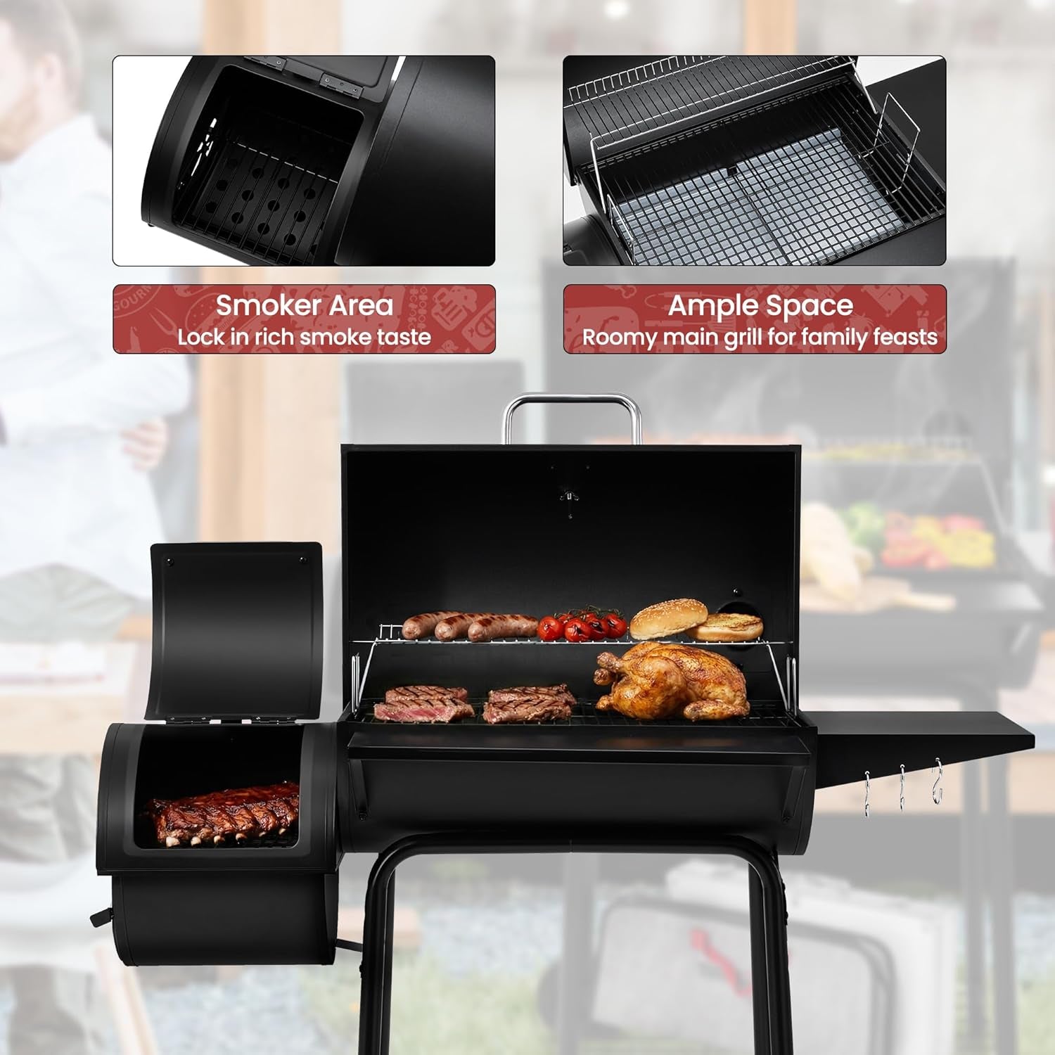 CC1830S BBQ Charcoal Grill and Offset Smoker | 823 Square Inch Cooking Surface, Outdoor for Camping | Black
