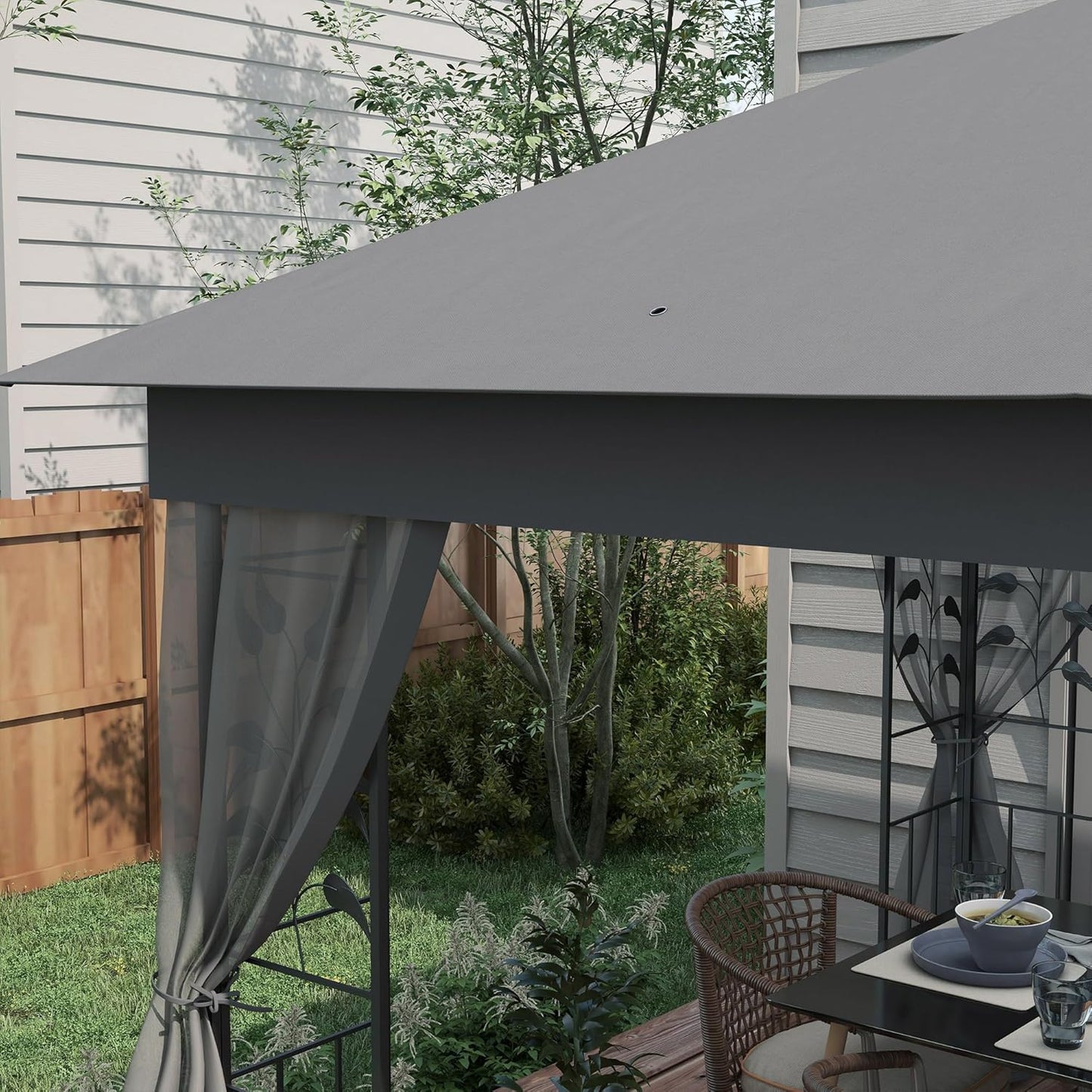 10' X 11.5' Metal Patio Gazebo, Double Roof Outdoor Gazebo Canopy Shelter with Tree Motifs Corner Frame and Netting, for Garden, Lawn, Backyard, and Deck, Gray