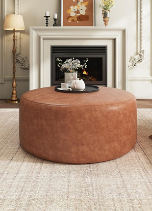 GAVI 30-Inch Round PU Leather Ottoman Footstool, Upholstered Footrest and Modern Side Table for Living Room and Bedroom, Cognac Brown