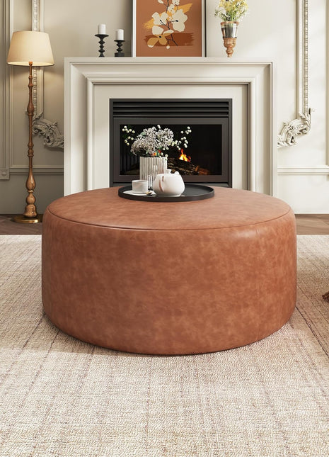GAVI 30-Inch Round PU Leather Ottoman Footstool, Upholstered Footrest and Modern Side Table for Living Room and Bedroom, Cognac Brown