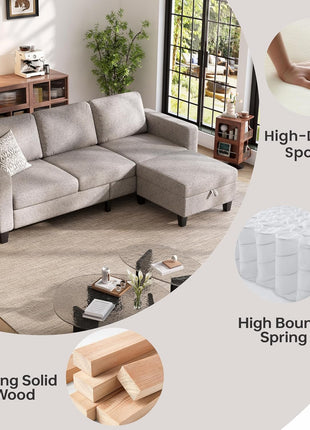 L-Shaped Sectional Sofa with Movable Ottoman, 78'' Brown 3-Seat Linen Couch, Ideal for Small Spaces, Apartments, and Dorms