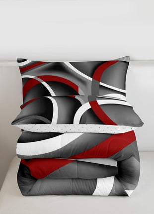 Queen Stripes Comforter Set for Kids and Teens - Gray, Black, and Red Abstract Design, Soft Lightweight Modern Duvet with 1 Comforter and 2 Pillowcases