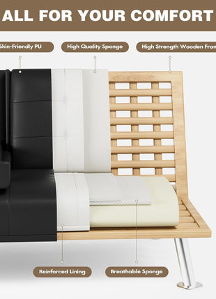 Leather Futon Sofa Bed with Removable Armrests and Adjustable Recliner, Dual Cup Holders - Ideal for Living Room, Apartment, or Office (Black) 30.7" x 65" x 28