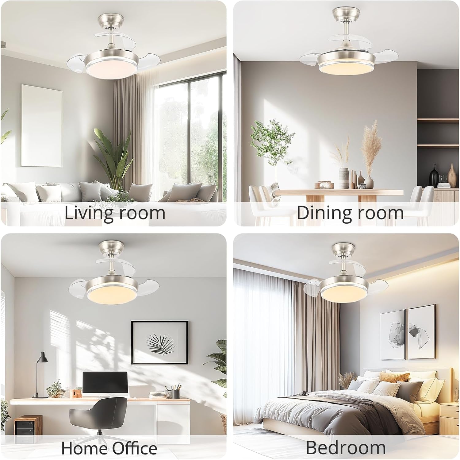 30" Retractable Ceiling Fans with Lights, Dimmable LED Ceiling Fan Remote Control, Modern Small Fan Light for Bedroom Living Room Dinning Room Kitchen, 3000K-6500K, 6 Speed (Brushed Nickel)