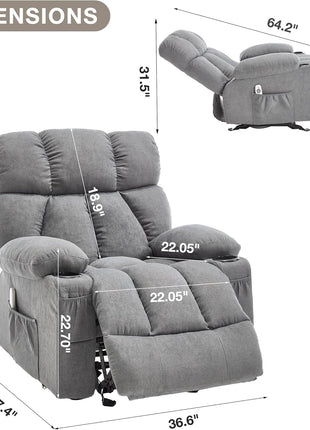 Ergonomic Massage Rocker Recliner Chair with Heat and Vibration - Overstuffed Lounge Chair for Living Room with 4 Side Pockets and 2 Cup Holders in Grey