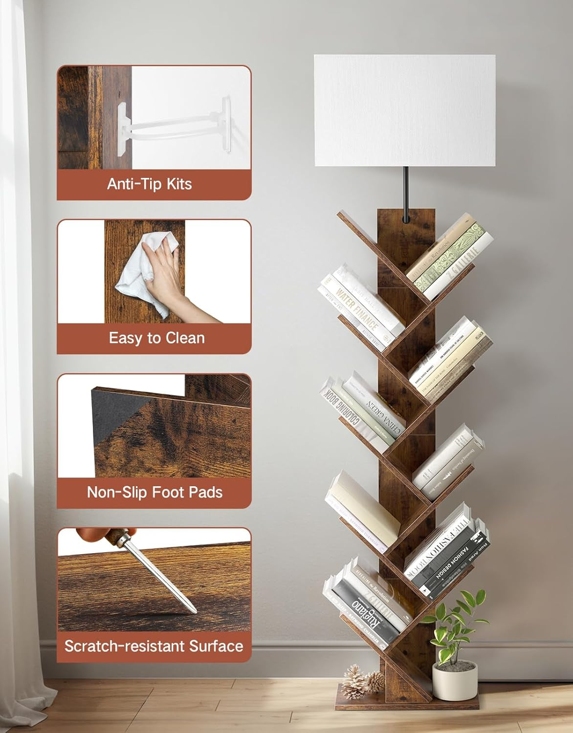 9 Tier Tree Bookshelf with Light, Remote & Timer, Modern Tall Floor Standing Book Shelf, Narrow Wood Bookcase, Small Book Organizer Shelves for Living Room, Bedroom, Office