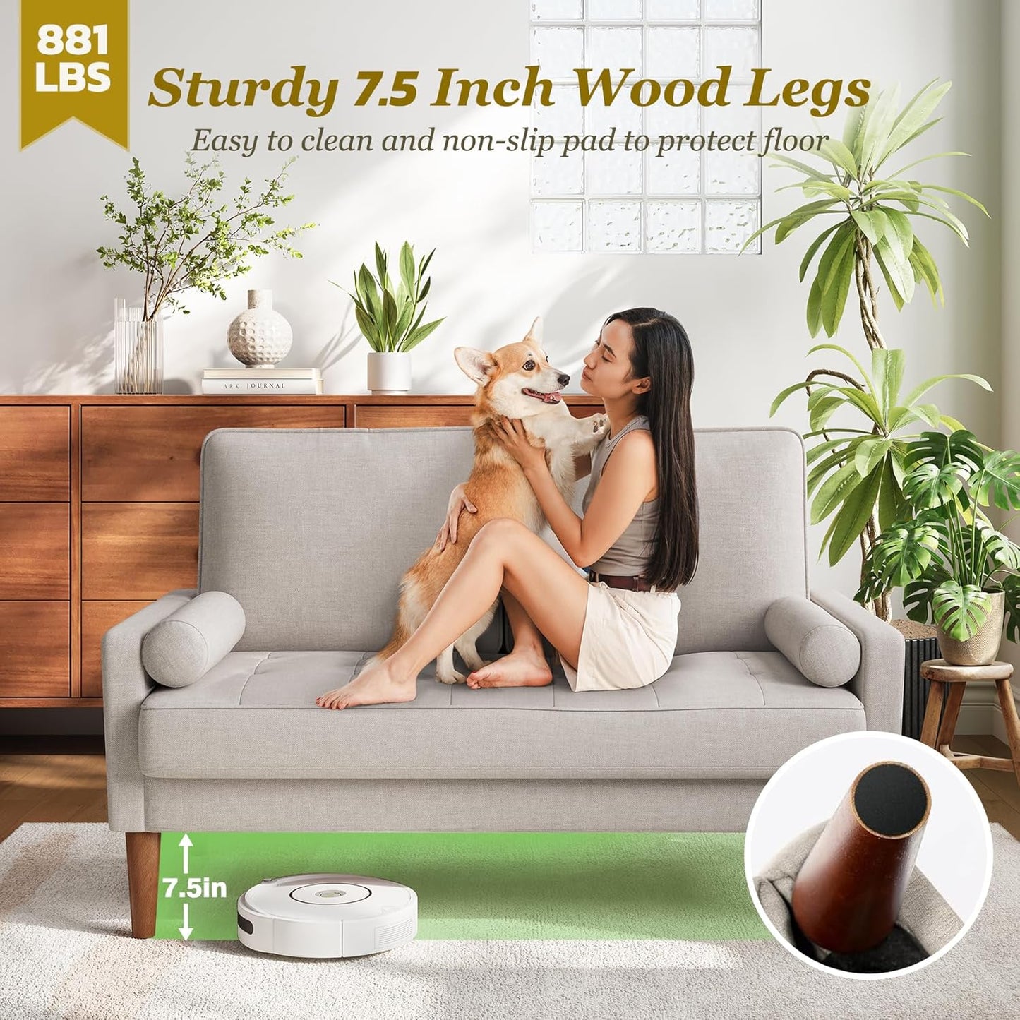 Loveseat Sofa with Solid Wood Legs, 48" Small Couches for Small Spaces, Love Seat for Living Room, Bedroom, Easy Assembly Mid Century Modern Couch with Throw Pillow for Apartment, Ashbeige