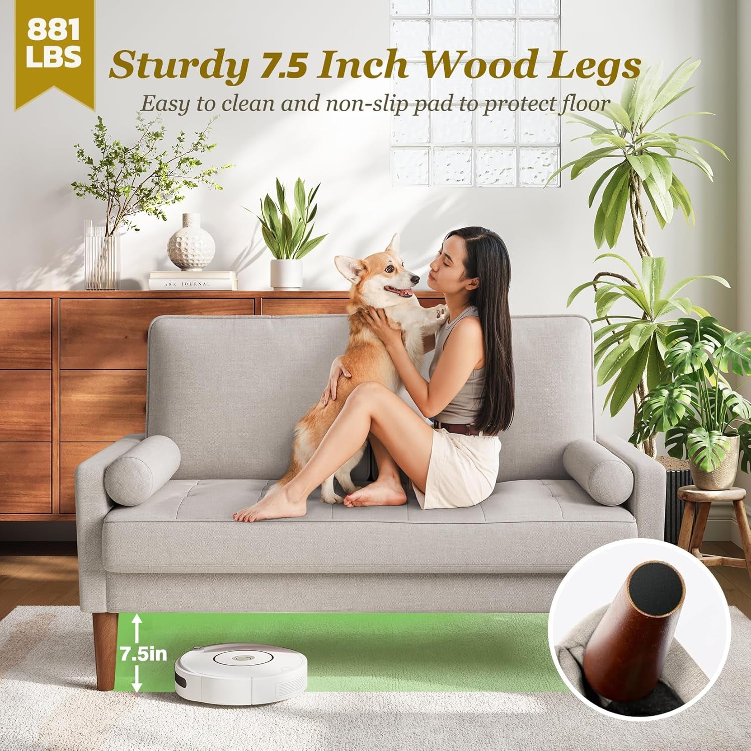 Loveseat Sofa with Solid Wood Legs, 48" Small Couches for Small Spaces, Love Seat for Living Room, Bedroom, Easy Assembly Mid Century Modern Couch with Throw Pillow for Apartment, Ashbeige