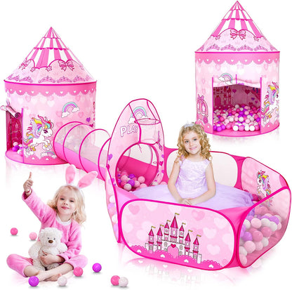 3PC Princess Tent for Girls with Kids Ball Pit and Crawl Tunnel for Toddlers, Pink Pop up Playhouse Toys Indoor& Outdoor for Birthday Gifts
