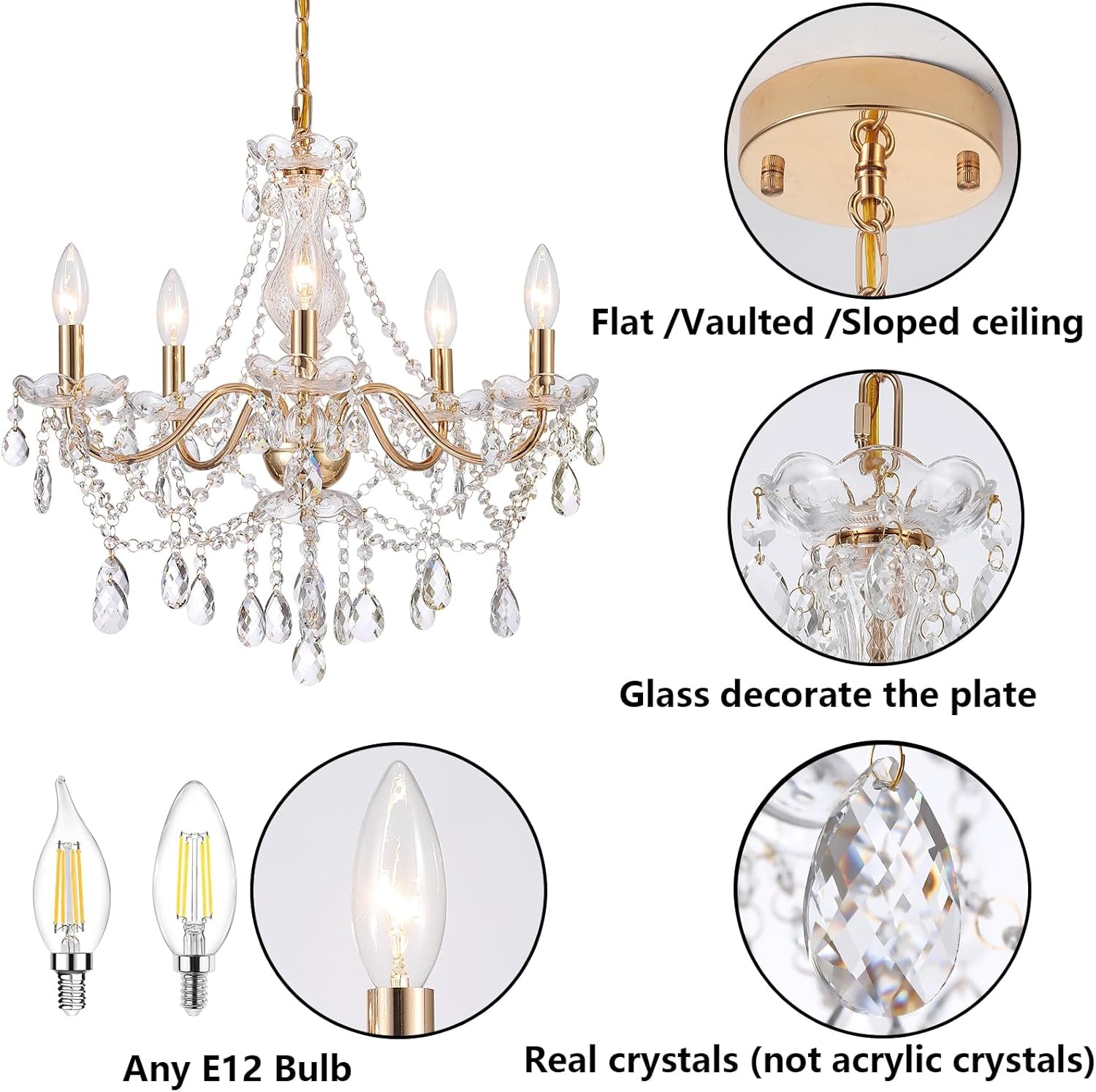Crystal Gold Chandelier, Glass Crystal Hanging Pendant Lighting, 5 Light French Country Gold Crystals Chandelier for Ceiling Medallions,Wedding,Dining,Kitchen, Foyer,Dia 20'' Golden