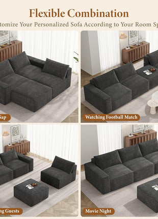 114" Modular Boneless Sofa: Modern 3-Seat Sectional with Ottoman, Deep Seats, and Convertible Chenille, Dark Grey - No Assembly Required