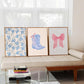 Blue and Pink Preppy Poster Set of 6 Cute Coquette Bow Boots Wall Art Aesthetic Coastal Wall Art, Trendy Girls Dorm Decor Cute Pink Bows Wall Decor for Bedroom Living Room Unframed 8X10 Inch