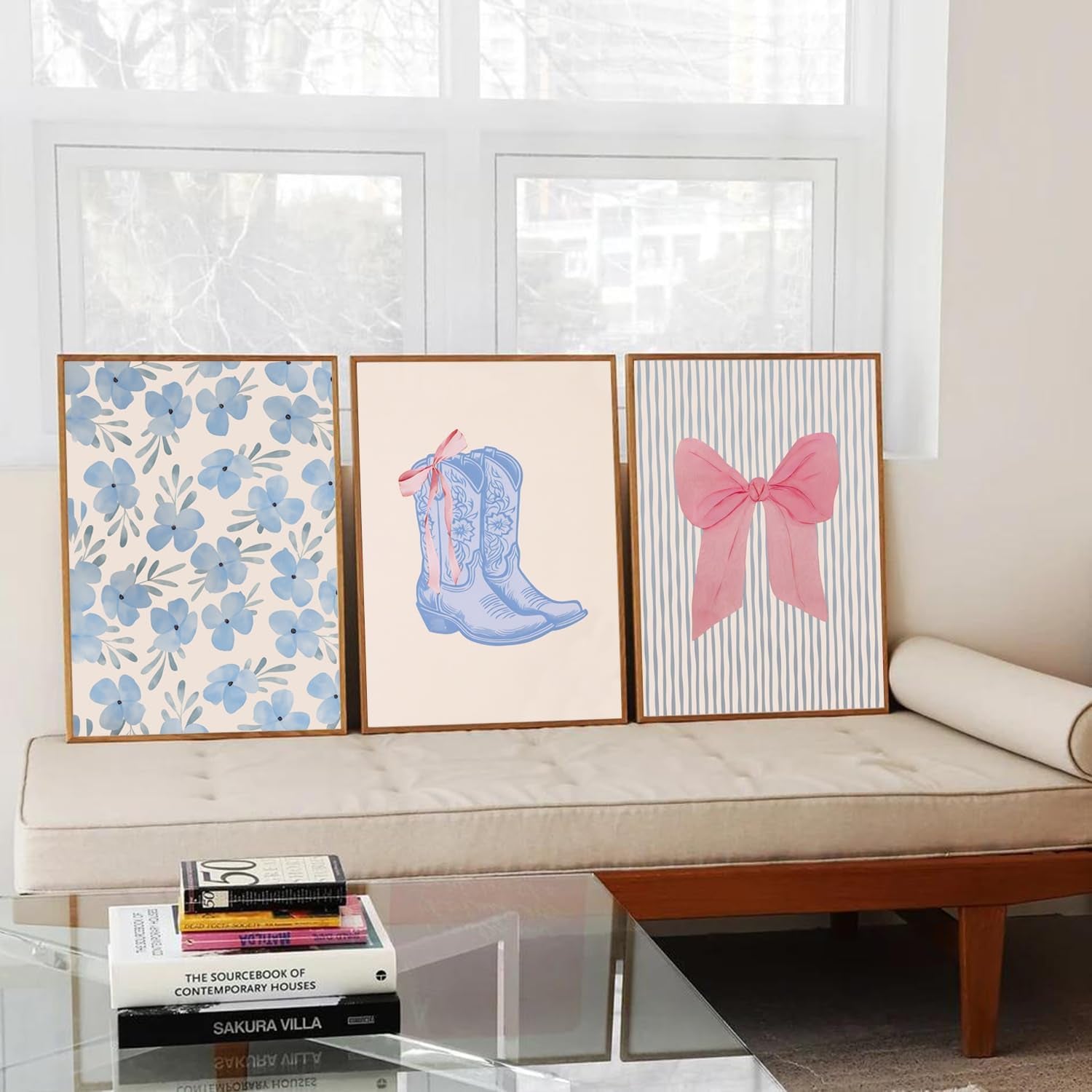 Blue and Pink Preppy Poster Set of 6 Cute Coquette Bow Boots Wall Art Aesthetic Coastal Wall Art, Trendy Girls Dorm Decor Cute Pink Bows Wall Decor for Bedroom Living Room Unframed 8X10 Inch