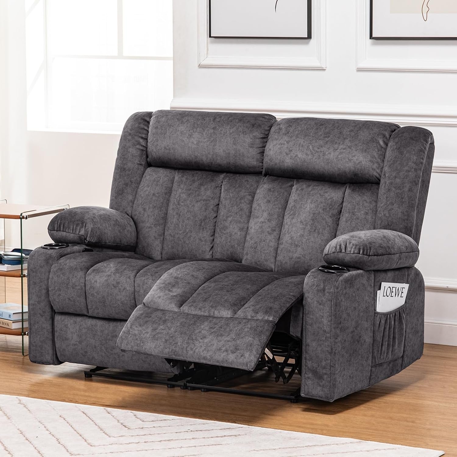 Manual Recliner Couch，Fabric Reclining Sofa Chair with Cup Holders, Upholstered Reclinerchair Set with Side Pockets Suitable for Living Room Furniture (2)