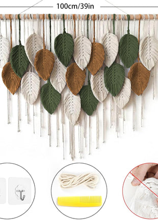 Large Macrame Wall Hanging - Handcrafted Bohemian Tapestry for Elegant Home Decor, Featuring Leaf and Feather Design for Living Room, Bedroom, Nursery, and Apartment - 39"W x 29.5"L