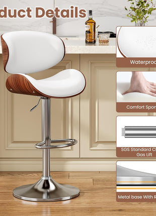 Set of 2 Adjustable Height Swivel Bar Stools with Bentwood Design, PU Leather Upholstery, Backrest, and Footrest for Bar, Kitchen, and Dining Room in White