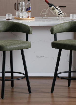 Contemporary Set of 2 Green Counter Height Bar Stools - Upholstered Leather with Metal Legs and Footrest, Perfect for Dining Rooms, Home Bars, Kitchen Islands, and Pubs, 25 Inch
