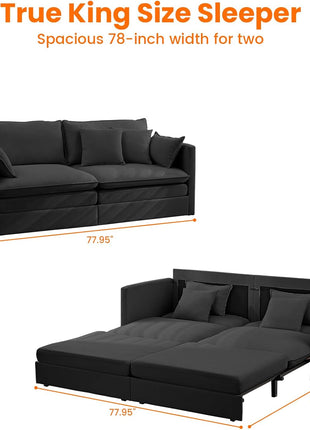 Luxurious 78-Inch King Size Ice Velvet 3-in-1 Convertible Sofa Bed with Side Pocket and Four Pillows in Black