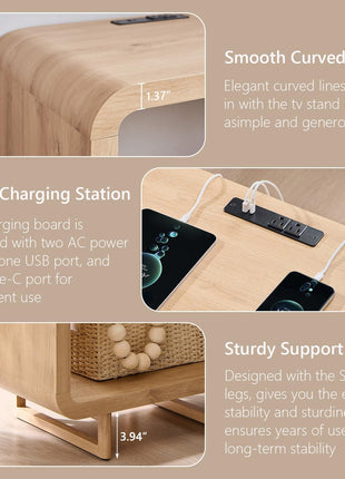 23.6-Inch Contemporary End Table with Integrated Charging Station, Two-Tier Design, Open Storage Shelf, and Electrical Outlet, Wooden Nightstand for Bedroom and Living Room, Easy Assembly, Natural Oak Finish
