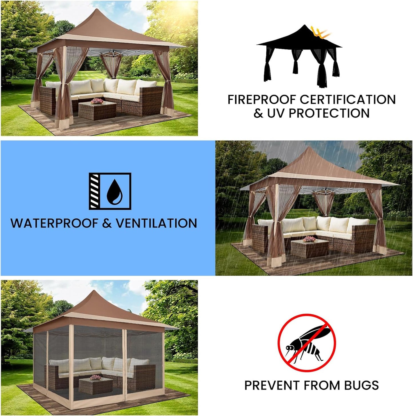 12X12 Pop up Canopy Gazebo on Clearance, Outdoor Canopy Tent with Mosquito Netting & Waterproof Roof & Sandbags & Carrying Bag,Patio Portable Gazebo for Garden,For Backyard,Brown