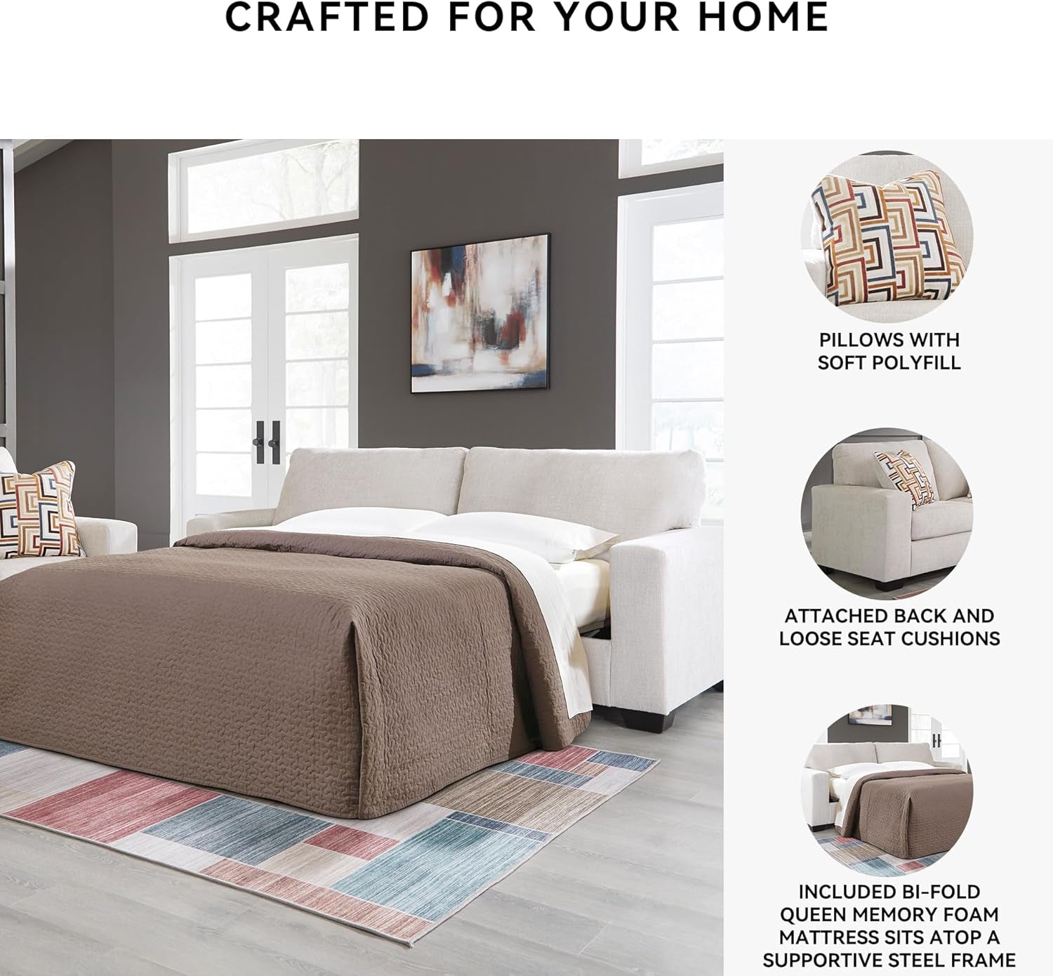 Aviemore Coastal Sofa Sleeper with Bi-Fold Memory Foam Mattress and 2 Accent Pillows, Queen, Beige