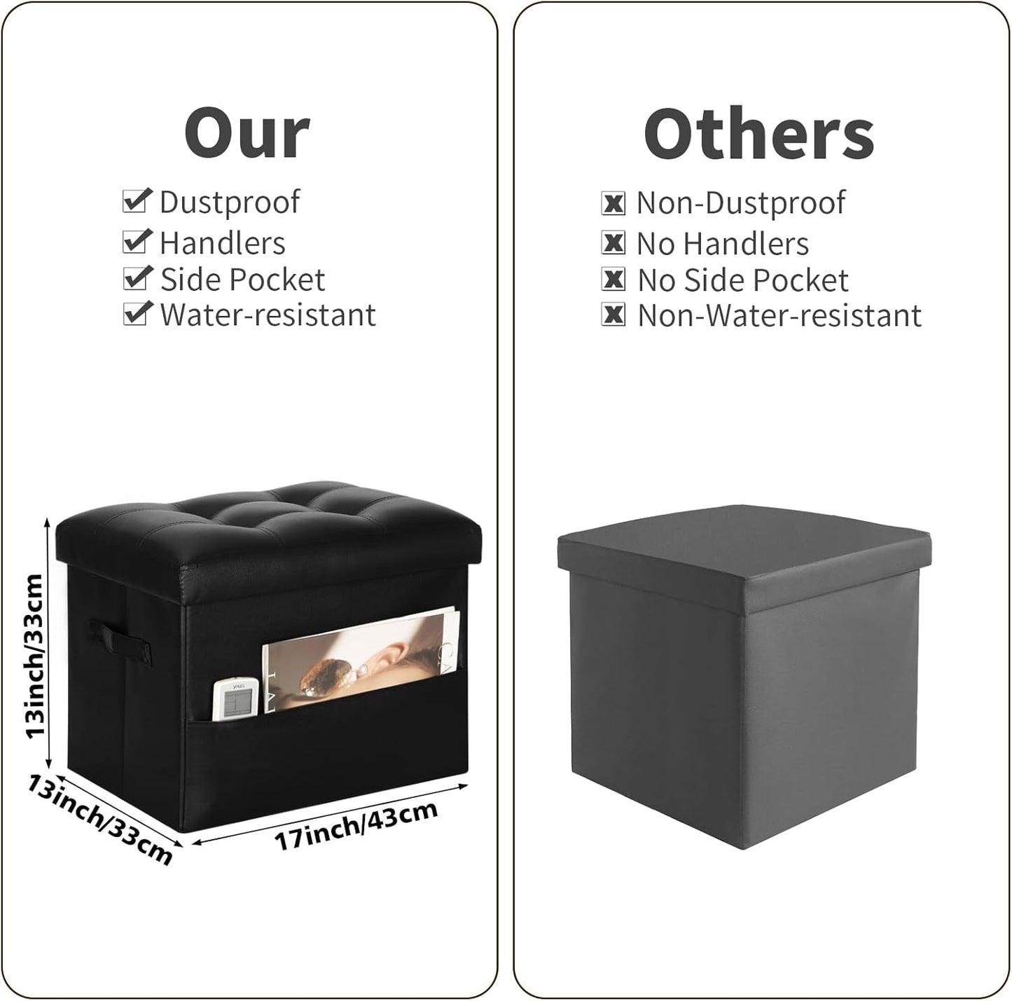 Storage Ottoman Foot Rest Stool with Thicker Foam Padded Seat. Foldable Leather Footstool Bench. Small Ottoman with Storage for Living Room Bedroom Coffee Table 350 Lbs, 17X13X13In, Black.