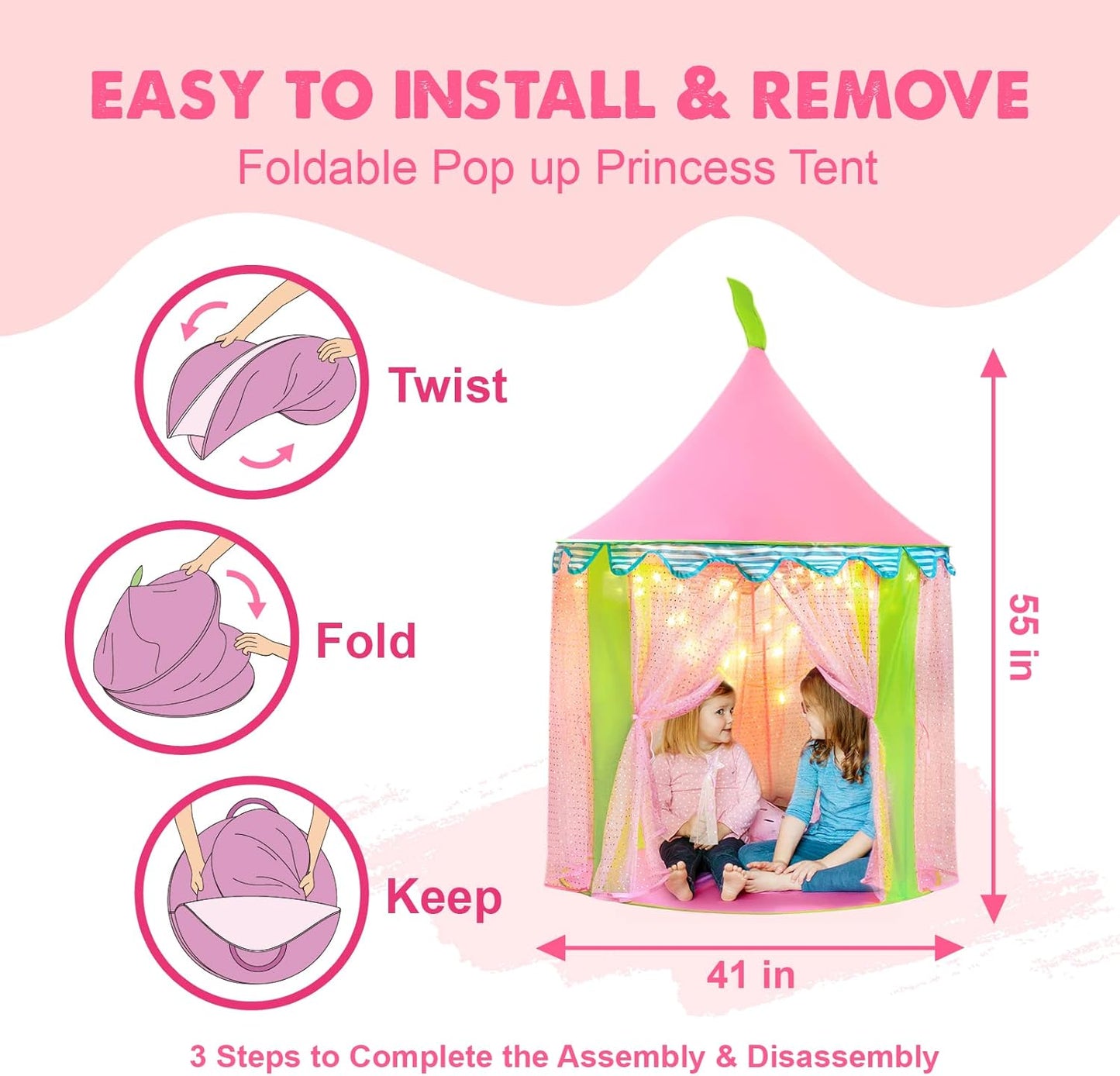 Princess-Tent with Star Lights & Carry Case, Pop up Play-Tent, Princess Castle Indoor Playhouse, Foldable Kids Play Tent Outdoor, Toddler-Tent for Girls