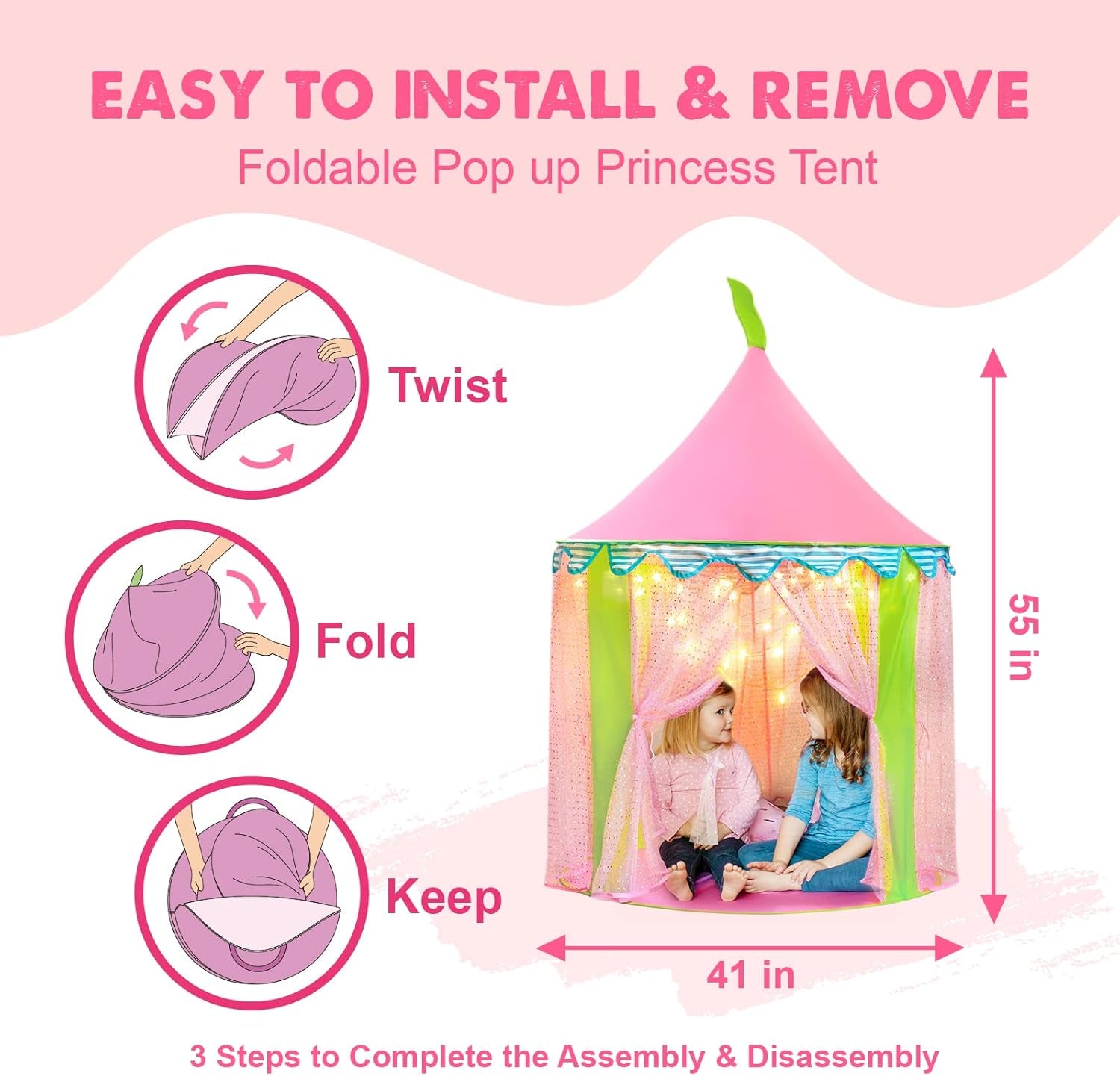 Princess-Tent with Star Lights & Carry Case, Pop up Play-Tent, Princess Castle Indoor Playhouse, Foldable Kids Play Tent Outdoor, Toddler-Tent for Girls