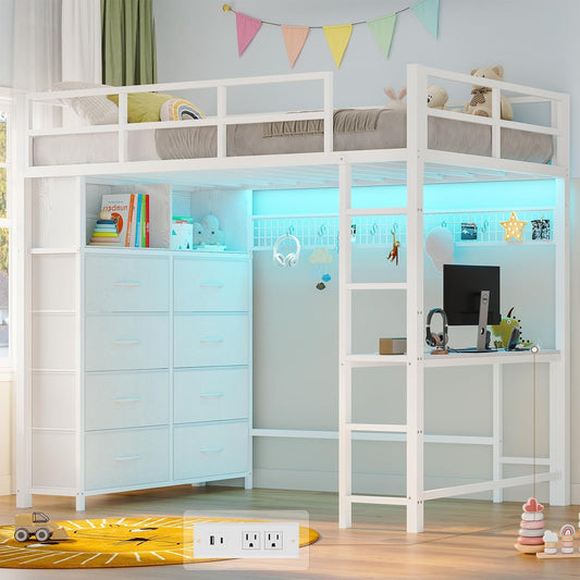 Twin Size Loft Bed with Desk and 8 Storage Drawers, Metal Kids Loft Bed Twin with LED Lights & Charging Sation, Storage Shelves, 13.1" H Safety Guard & Ladder, No Box Spring Needed, White