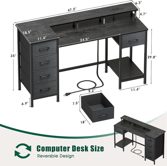 47 Inch Computer Desk with 5 Fabric Storage Drawers,Gaming Desk with Power Outlets & LED Lights,Reversible Home Office Desk with Monitor Stand for Working Writing Study, Black