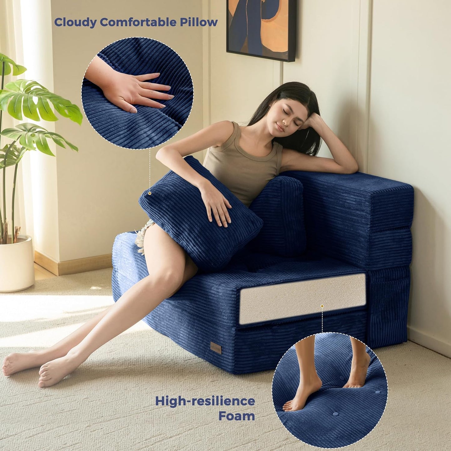 Convertible Sofa Bed, Fold Out Loveseat Sleeper Sofa with Pillow, 4 in 1 Tufted Folding Couch Bed Foam Floor Couch, Lazy Chair for Living Room Bedroom Guest Room, Navy