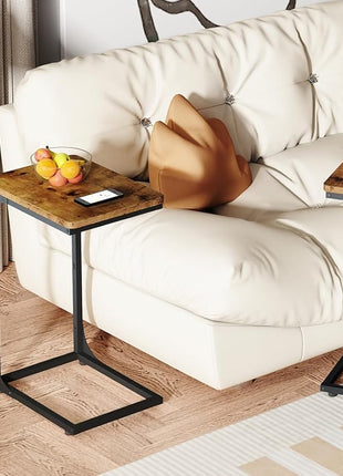 C-Shaped Side Table Set of Two in Rustic Brown Farmhouse Design for Living Room (Model 017-30BN)