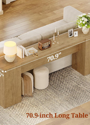 70.9-Inch Extra Long Console Table with Dual Storage Cabinets, Wooden Sofa Table for Behind Couch, Elegant Entryway Table with Double Base for Living Room, Hallway, and Foyer in Natural Oak Finish