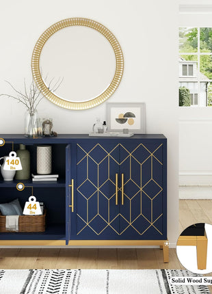 48-Inch Modern Accent Cabinet with Four Doors and Shelves, Gold Trim Sideboard Buffet for Living Room, Kitchen, Dining Room, and Hallway in Blue