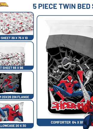 Spiderman Twin Bedding Set - 5 Piece Comforter Set with Sheets and Pillow Covers, Soft and Cozy Black Design for Stylish Kids' Room Decor