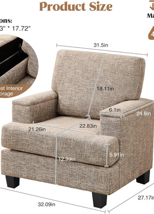 Contemporary Upholstered Accent Chair with Armrest Storage for Living Room and Bedroom, Spacious Fabric Single Sofa Chair in Yellowish Brown