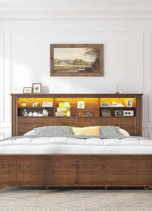 King Size Bed Frame with Four Storage Drawers, Integrated Headboard with LED Lighting and Charging Ports, No Box Spring Required, Noise-Free Wooden Construction, Brown Finish
