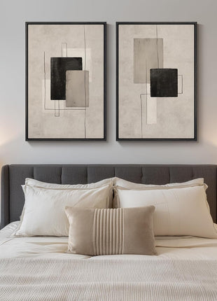 Large Framed Neutral Abstract Wall Art Set - Two Modern Canvas Prints in Black and Beige for Living Room, Minimalist Block Line Decor for Hallway and Office, 24x36 Inches