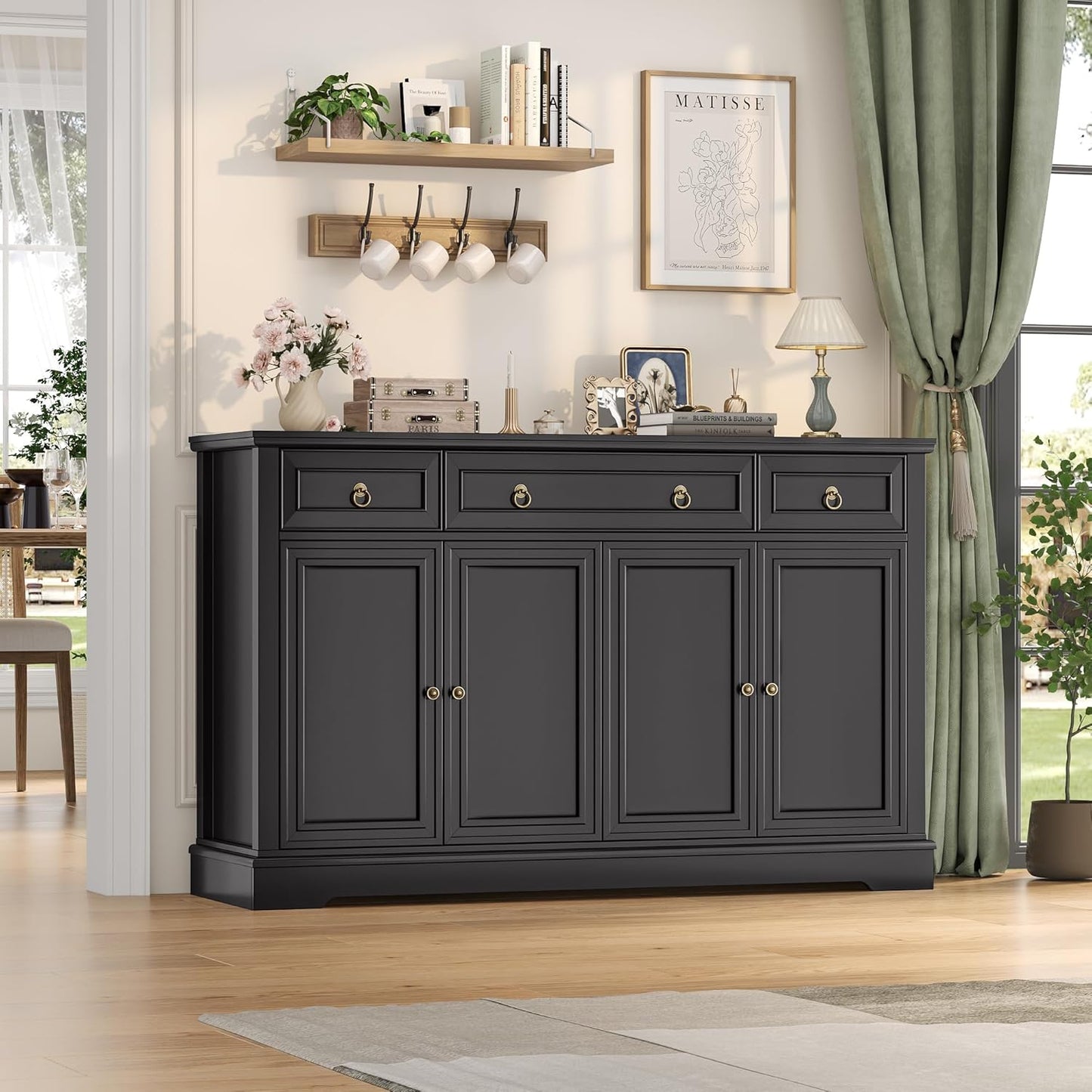 Buffet Cabinet with Storage, 52.7" Large Sideboard Buffet Table, Black Kitchen Cabinet with 3 Drawers and 4 Doors, Wood Coffee Bar for Kitchen Dining Room, Black
