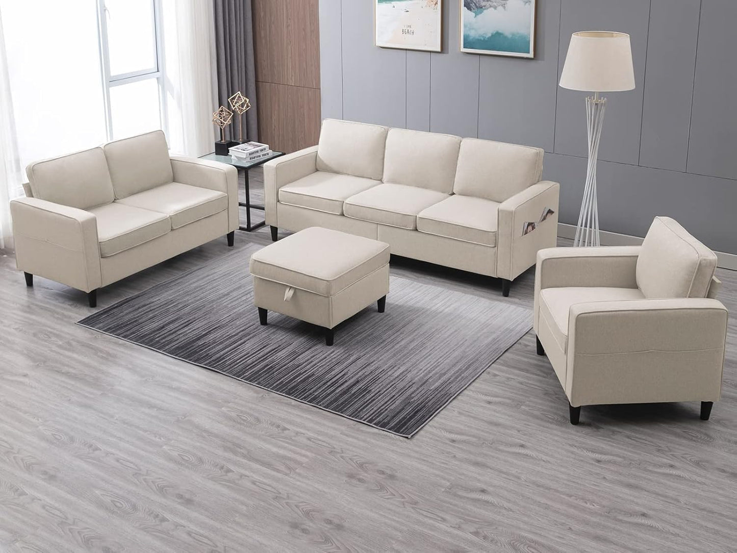 3PCS Sectional Sofa Set W/Ottoman,Modern Linen 6 Seater Couch Set with Movable Storage Ottoman & Side Pockets,3 Seat L Shaped Couch Loveseat and Armchair Living Room Furniture(3+2+1Seat/Beige)