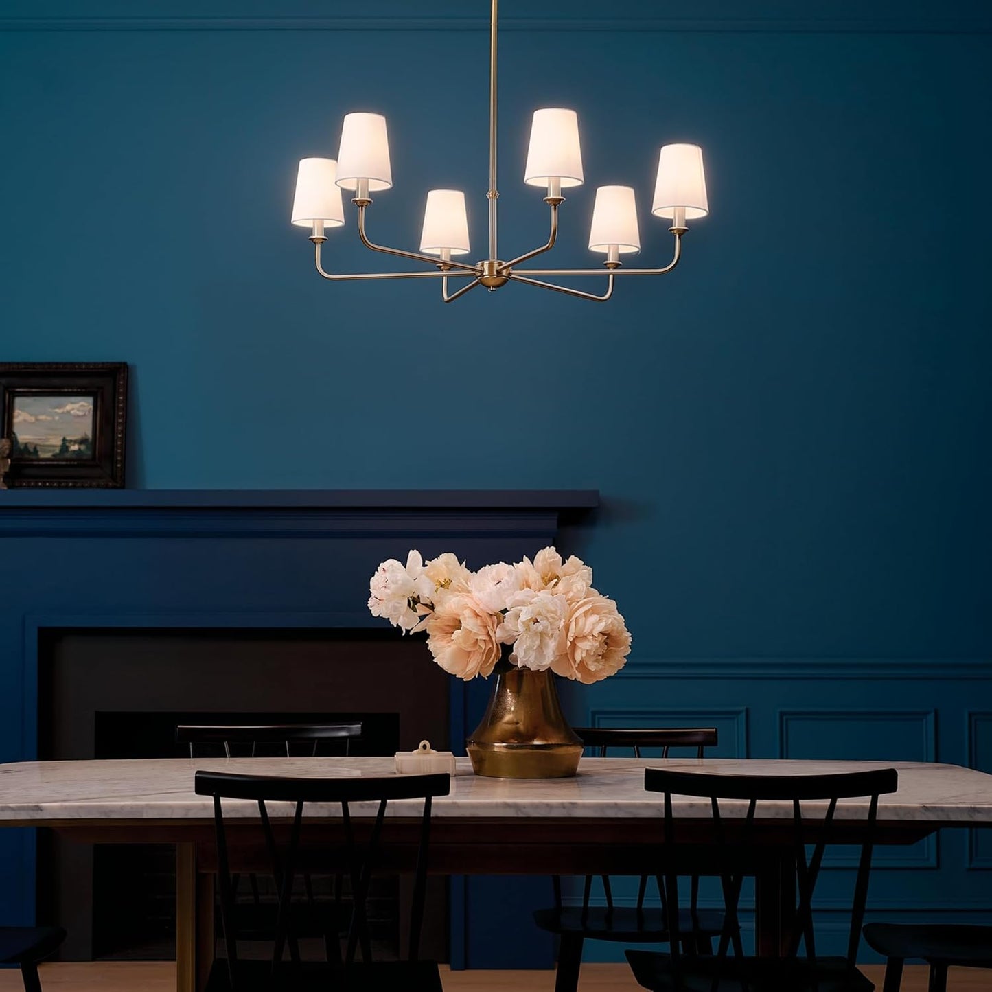 Pallas 6-Light Chandelier in Brushed Natural Brass, Classic Ceiling Light Fixture with Optional Linen Tapered Shades for Foyer, Living Room, or Dining Room, (32.25" W X 13.75" H), 52516BNB