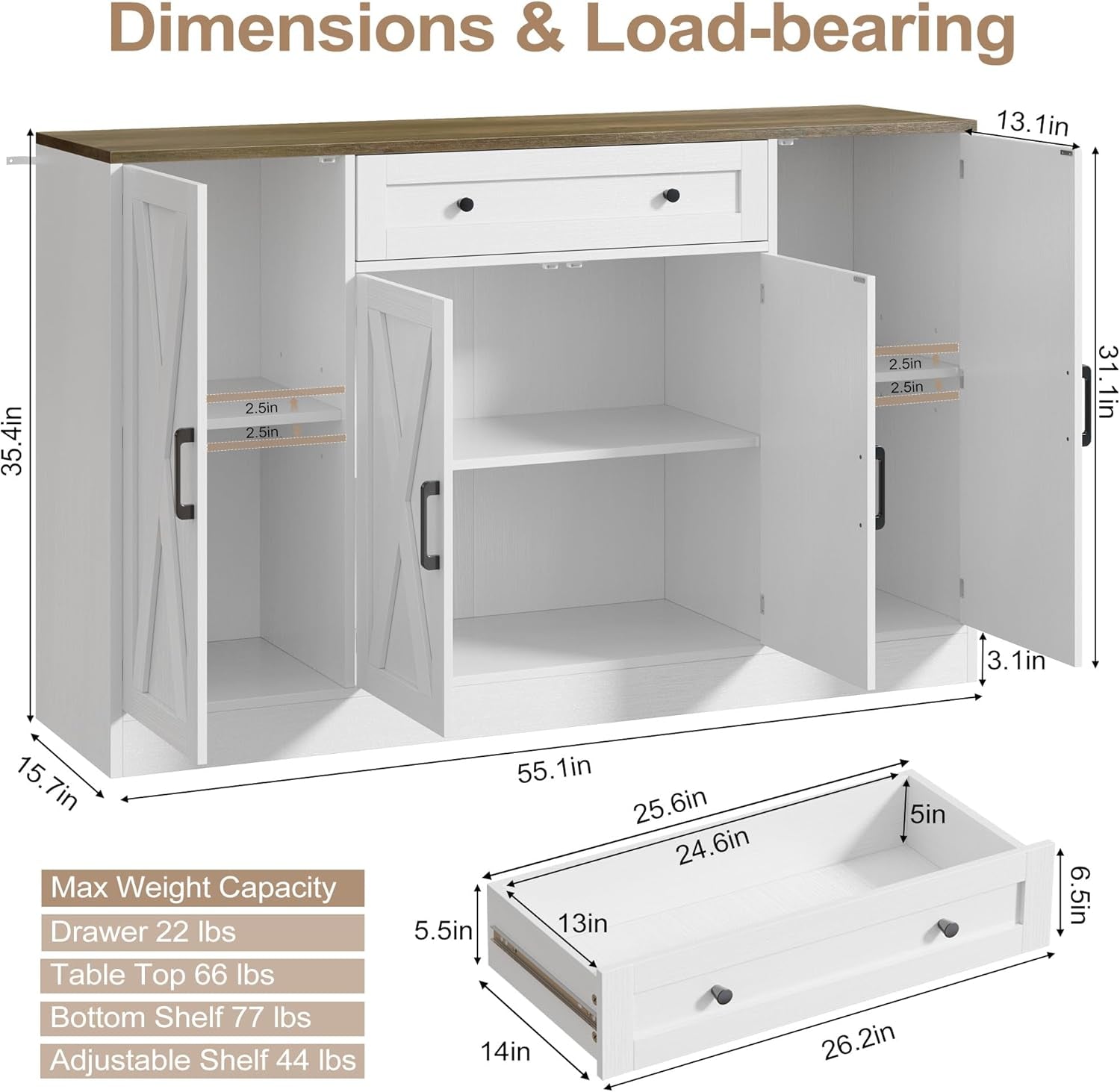 Buffet Cabinet with Storage, 55" Large Sideboard Storage Cabinet with Drawer, 4 Doors and Shelves, Modern Farmhouse Coffee Bar Table Kitchen Island Credenza for Kitchen, Entryway, Dining, Living Room