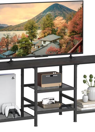 55-Inch Modern TV Stand with 3-Tier Open Shelves - Contemporary Entertainment Center for Living Room and Bedroom in Black Finish