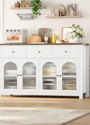 55.1" Large Farmhouse Buffet Cabinet with Storage, Featuring 3 Drawers and 4 Doors, Ideal for Kitchen and Dining Room Use